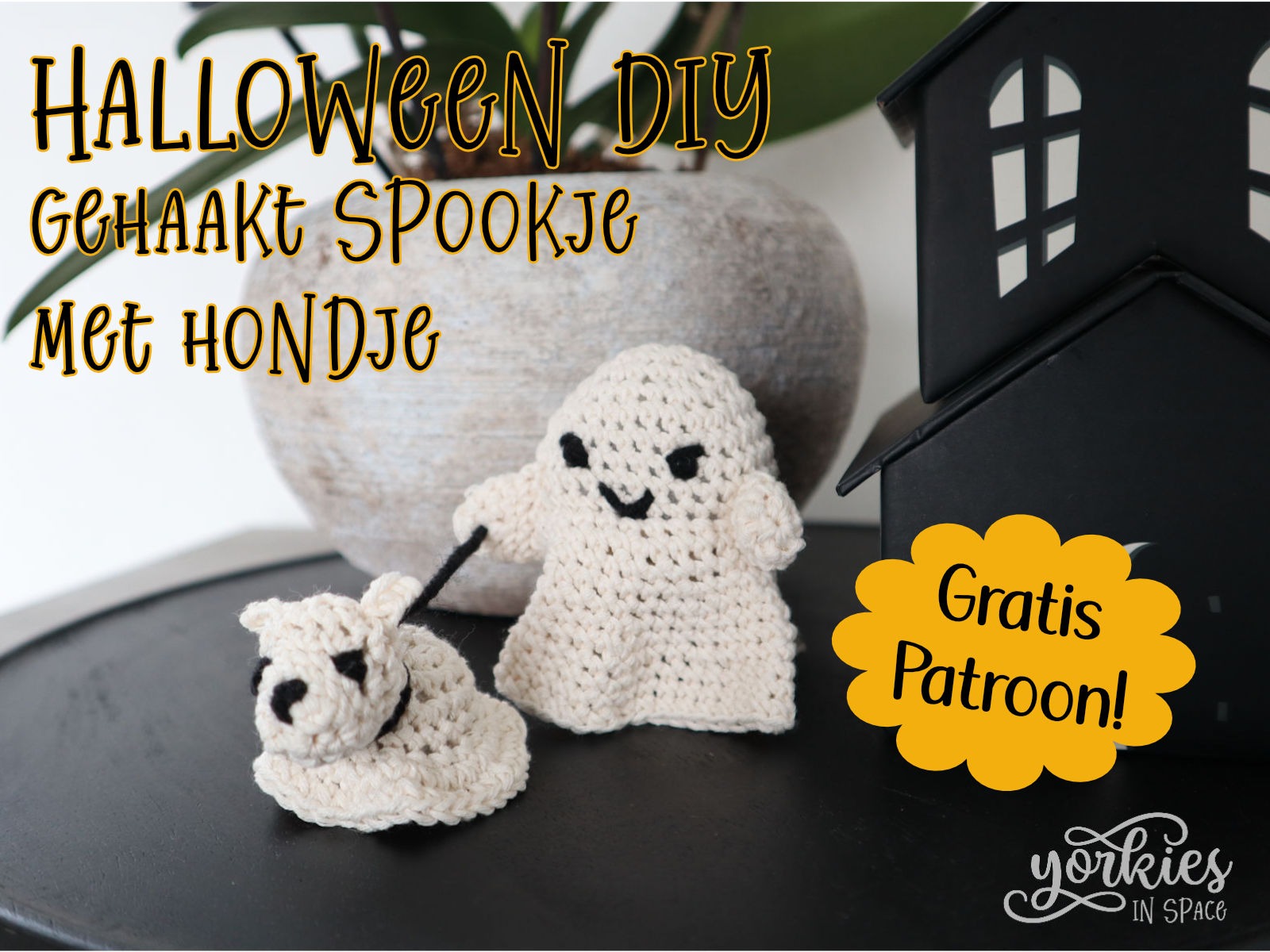 Halloween diy: Gehaakt spookje op wandel met de hond
